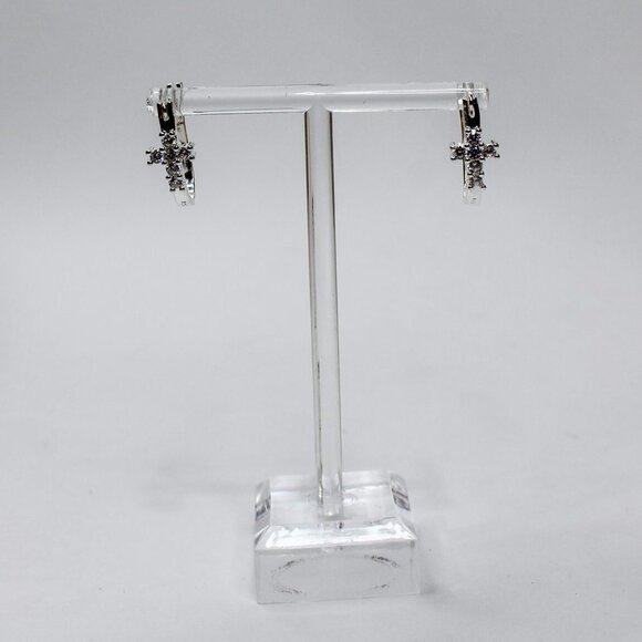 925‎ Huggie Hoop Earrings Sterling Silver Cross - Picture 1 of 12